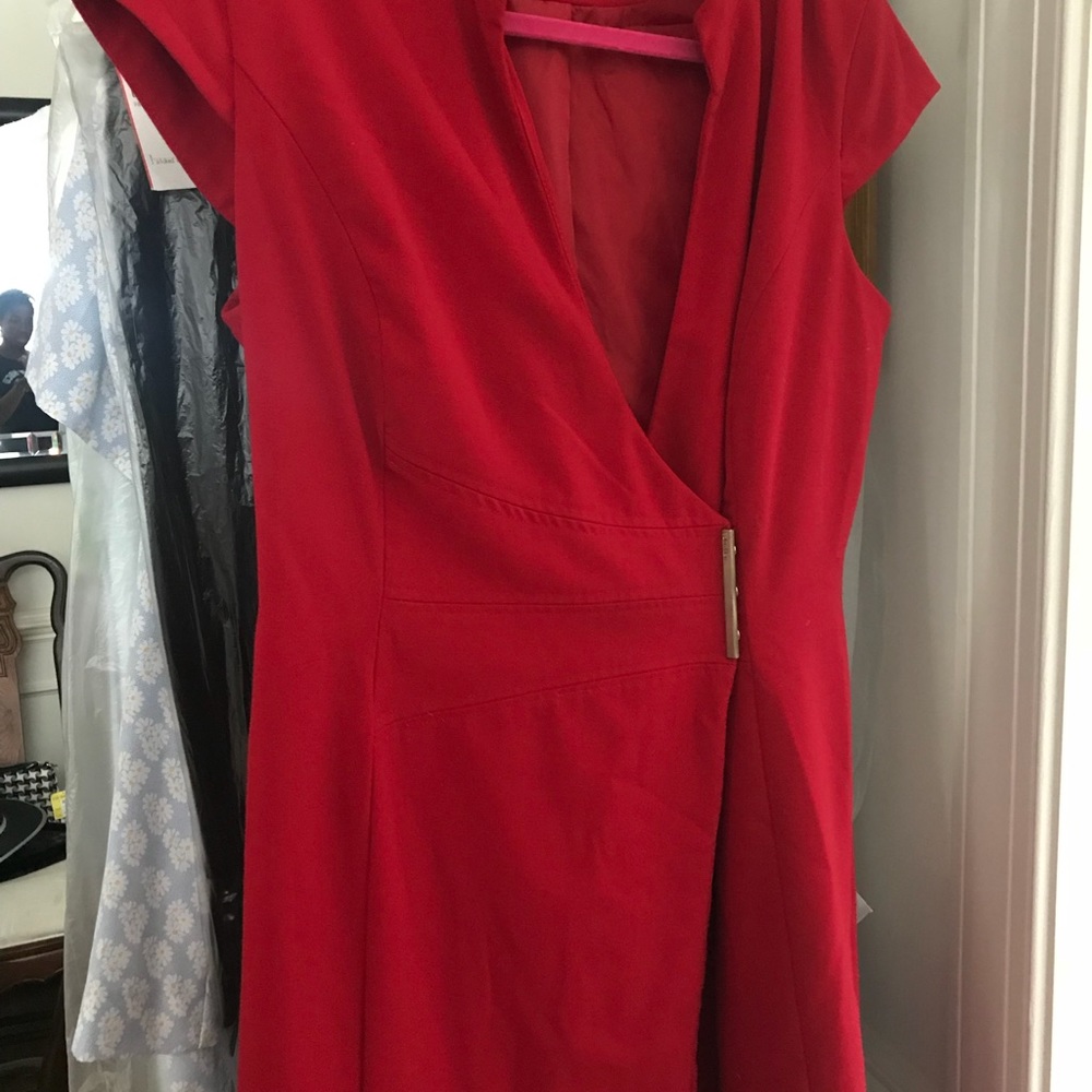 Red, Calvin Klein, wrap dress